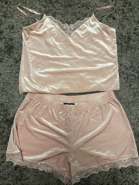 INC International Concepts Blush Velvet Lace-Trim Cami & Shorts Set